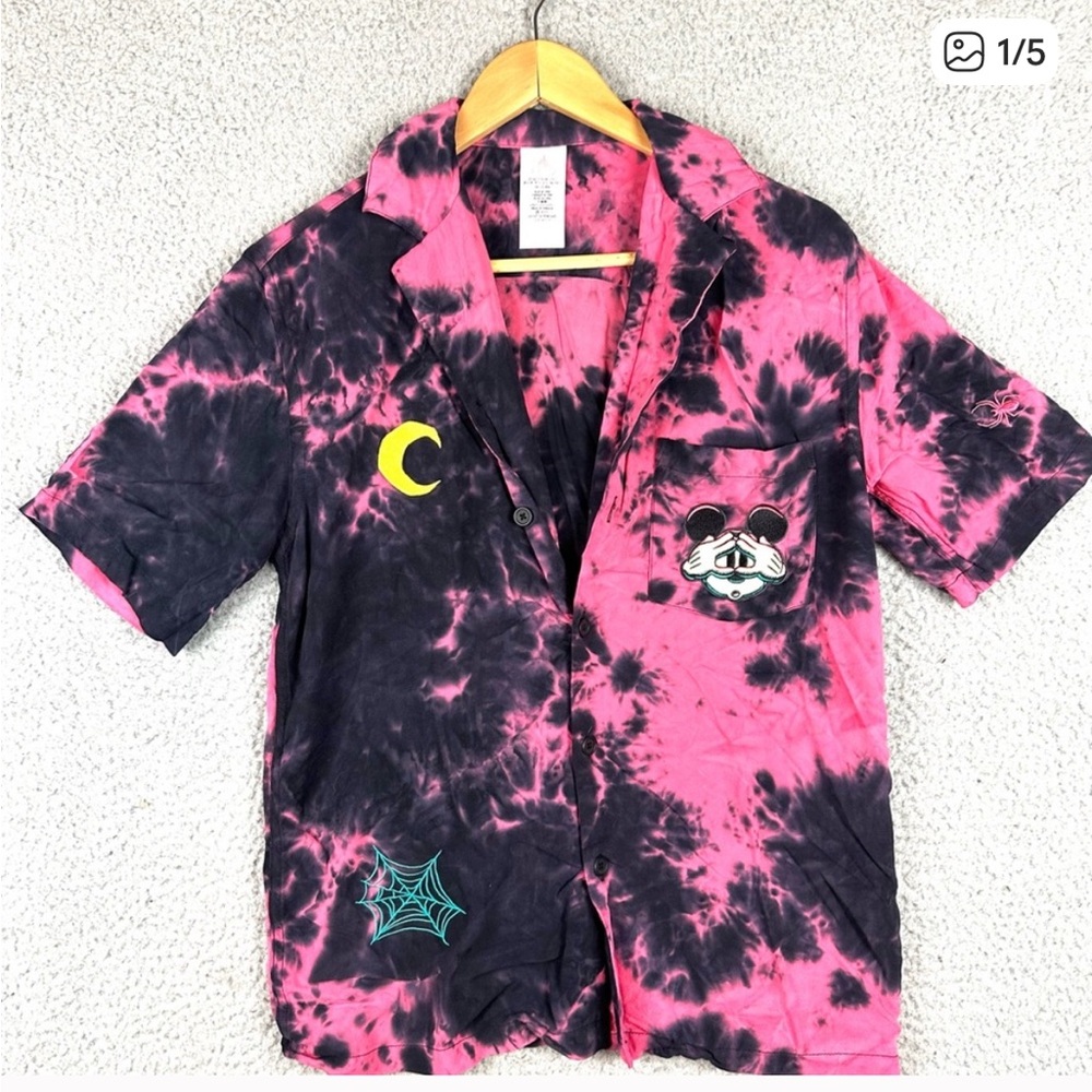 Disney Halloween Pink and Black Tie-Dye Button-Up Shirt
